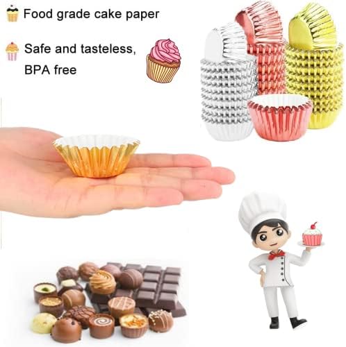 BUENTYA 600 Pcs Mini Foil Metallic Cupcake Liners Muffin Wrappers Baking Muffin Paper Cups Cases Foil Baking Cups Cupcake Paper Cases for Home Weddings Birthdays DIY Handmade (Gold Silver & Rose Gold)