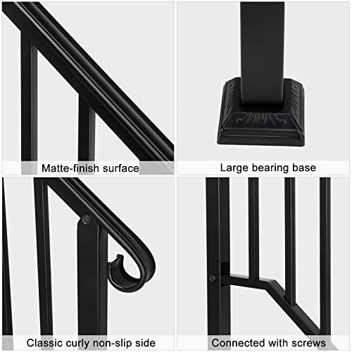 3 Step Handrails for Outdoor Steps, Fit 2 or 3 Steps Outdoor Stair Railing for Concrete Steps, Black Wrought Iron Railing, Exterior Hand Railing for Steps Adjustable Metal Hand Rails for Deck Porch