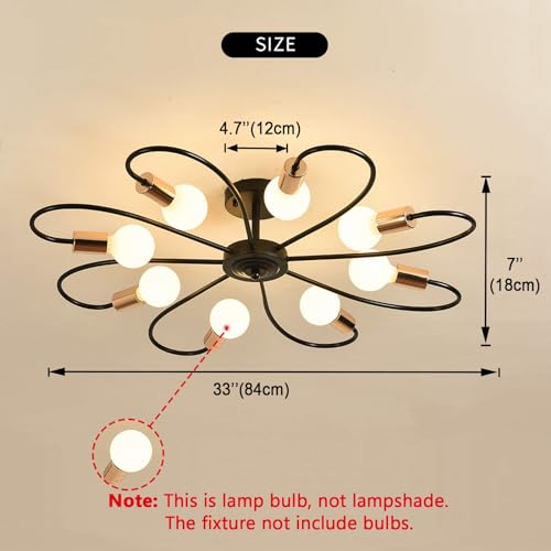 Qcyuui 8-Light Semi Flush Ceiling Light, Modern Sputnik Chandeliers Mid-Century Metal Pendant Lighting, Industrial Vintage Ceiling Lamp Fixture for Kitchen Dining Living Room Bedroom(Black&Gold)