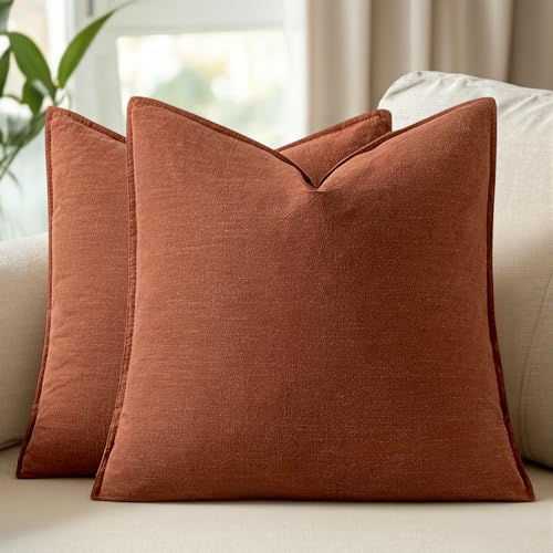 Image of 20x20 Inch Set of 2 Decorative Linen Solid Throw Pillow Covers Fall Boho Accent Farmhouse Couch Pillowcases Modern Netural Home Decor for Couch Sofa Living Room Bed,Rust