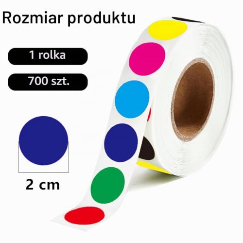 700 wielokolorowych okrągłych naklejek 20 mm, 1 rolka naklejek 7 kolorów czerwony zielony niebieski cyjan fioletowy żółty czarny, naklejki samoprzylepne do biura, szkoły, kalendarza (1 rolka)