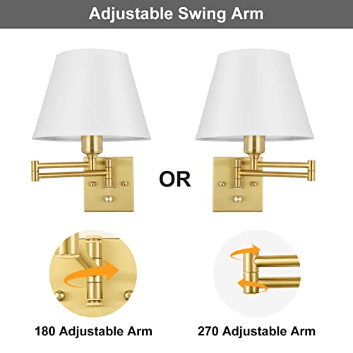 TRLIFE Dimmable Wall Sconce, Remote Control Dimming 10-100% and Adjustable Color Temperature 2700K-6500K Brushed Brass Swing Arm Wall Lights with Plug in Cord, 9.4" Medium White Shade(2 Pack, 2 Bulbs)