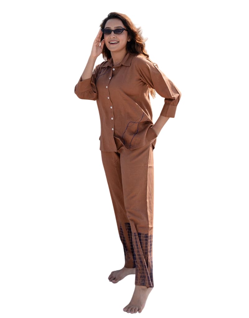 shreestoreglobal Women's Cotton Tie Dye Print Two-Piece Lounge Set Tunic with Wide-Leg Pants, Resort Wear (Brown Black) (IN, Alpha, XL)-picture-32