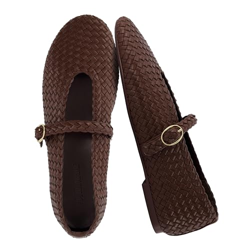 CUSHIONAIRE Bistro Mary Jane Flats for Women, Woven Ballet Flats Shoes with Strap and Memory Foam for All-Day Comfort, Brown 9