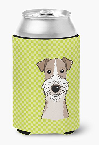 Caroline's Treasures BB1309CC Checkerboard Lime Green Wire Haired Fox Terrier Can or Bottle Hugger Cooler Washable Drink Sleeve Collapsible Beverage Insulated Holder, Can Hugger, Multicolor
