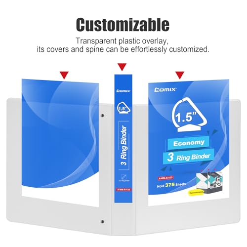 COMIX Heavy Duty 1 1/2 inch Slant-D Ring View Binder, 1.5 inch 3 Ring Binders, Hold 350 Sheets of 8.5\" x 11\" Paper, 8 Pack (White)