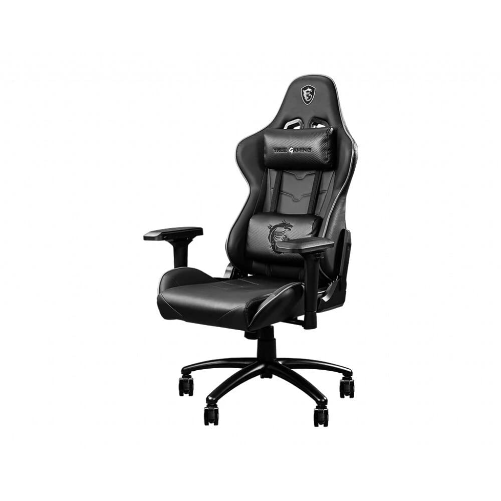 MSI mag CH120 I Silla Gaming - Cuero PVC Negro con Ribetes Grises, Soporte Estilo Carreras, Reclinación 180°, Cojín Lumbar y Reposacabezas Ajustables, Reposabrazos 4D - Máximo 150kg/​330lb