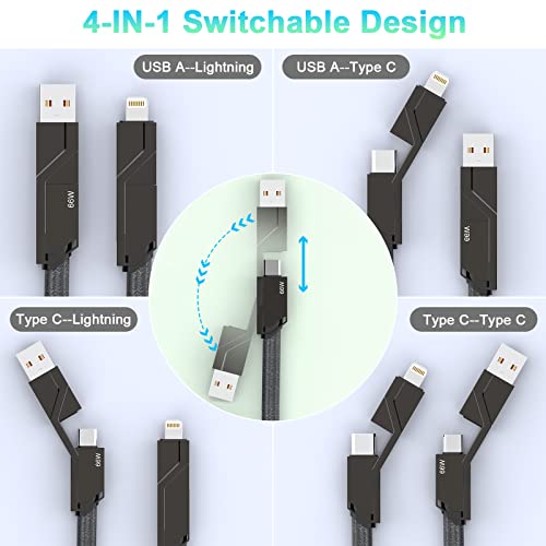 66W Multi 4-In-1 Usb Universal Phone Fast Charging Cable,Usb A+Lightning*2+Type C Metal Flat Braided Sync Charger Cord Adapter Combo For Google/Samsung/Huawei/Iphone 14 13/Ipad/Macbook/Laptop(6Ft) #TOP1