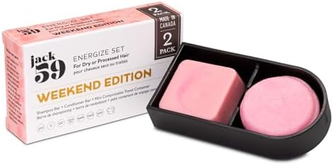 Jack59 Weekend Edition Travel Set Shampoo and Conditioner Bars for Dry or Processed Hair with Mini Compostable Shampoo Bar Container, Sulfate Free, pH Balanced, Natural Shampoo Bar, Energize, 95g