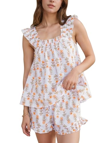 Image of Kissonic Womens Ruffle Pajamas Set 2 Piece Summer PJs for Women Floral Pajama Ruffle Trim Cami Top and Shorts Lounge