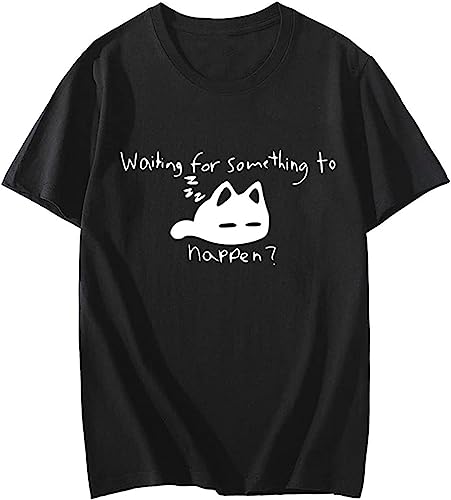 Waiting for Something to Happen Omori Cat Print T-Shirt Funny Cats Lover T Shirt Harajuku Graphic T-Shirts Tops Black T-shirts & overhemden(Small)