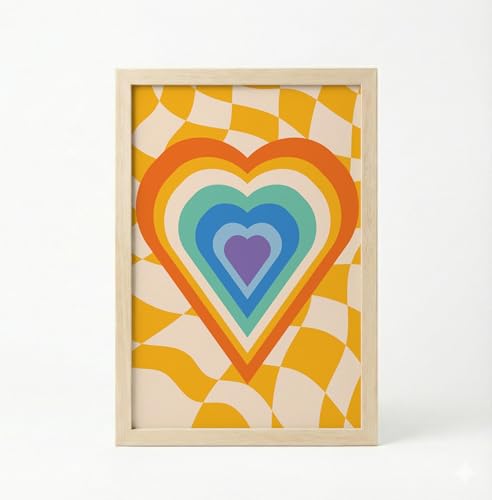 Image of BLINKART Heart Retro Checkered Aesthetic Modern Art Walls With Frame | Natural Wood Texture | Living Room Bedroom Office Wall Decoration | Poster Home Decor Frames Wall Bedroom | 12x8 Inches (D71)