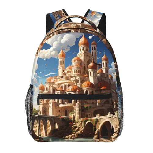 Sac à dos ordinateur portable antichoc à motif château féerique avec grand volume livres
