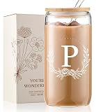 Picture of Personalized Gifts for Women, Monogrammed 16oz Glass Cups with Bamboo Lids and Straws, Customized Glass Tumbler, Cute Custom Mug, Customizable Initial Iced Coffee Glasses, Birthday Bridesmaid Mom, P