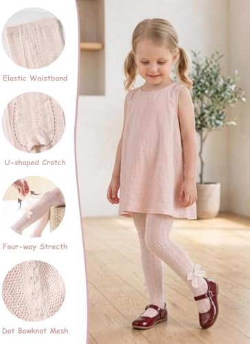 Miipat Baby Girl Tights Toddler Footed Leggings Bowknot Mesh Lace Stockings 2 Pack Little Kids Hollow Pantyhose(WhitePinkBowTie,18-24M)