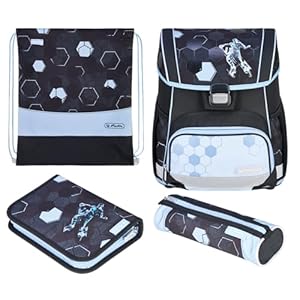 herlitz Schulranzen Set 4-teilig Loop Cyber Soccer Blau 17 L Ergonomischer Tornister mit geringem Gewicht 1. Klasse Junge Mädchen Kinder, Fußball