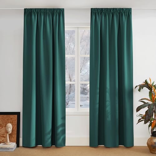 PONY DANCE Dunkelgrüne Gardinen Blickdicht Kräuselband 2er Set | H245 x B140 cm, für Schienensystem, Thermovorhang Kälteschutz, Verdunklungsvorhänge, Thermal Curtains, für Wohnzimm