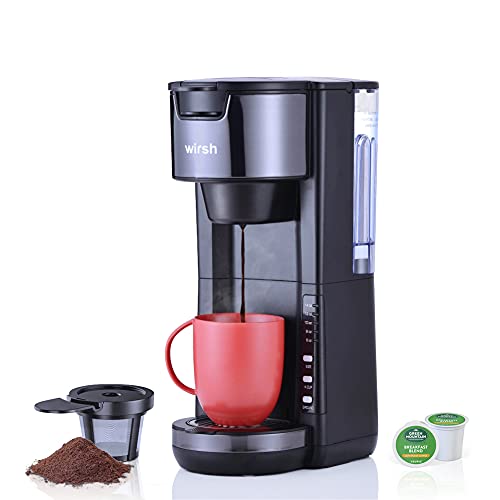 Wirsh Single Serve Coffee Maker, Single Cup Coffee Maker Compatible with K-Cup Pod and Ground Coffee, Compact K-CUP Coffee Machine with 30 oz Detachable Reservoir,5 brew size and Adjustable Drip Tray