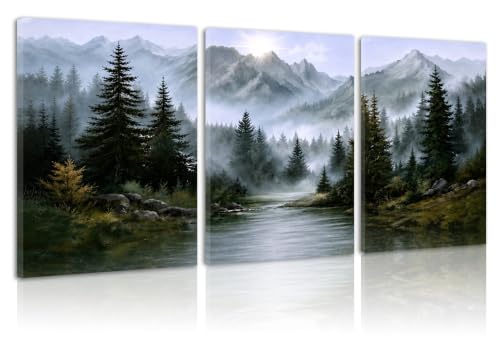Mountain Wall Art Set of 3, foggy mountain Forest Nature Landscape Canvas