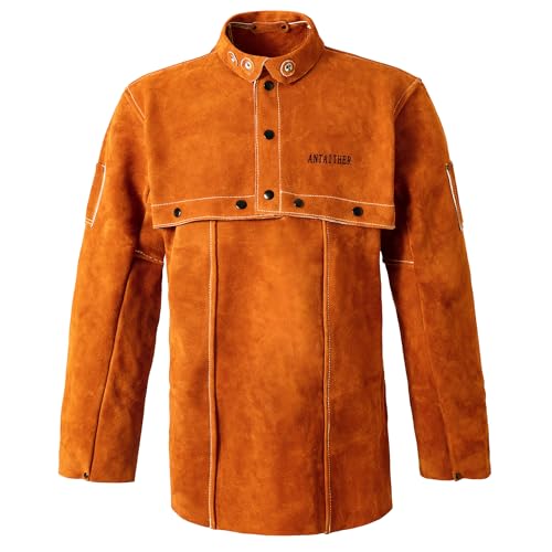 Image of ANTAITHER Leather Welding Jacket with Open Back, Bib Apron with Cape Sleeve, Heat Flame Resistant Welder Coat (L)