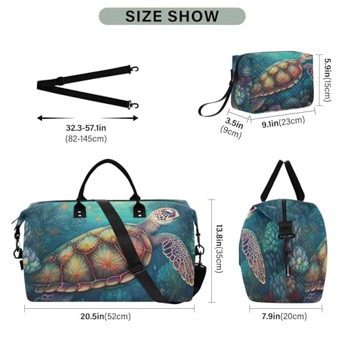 Large Travel Duffel Bag, Boho Sea Turtle Sports Tote Gym Bag, Shoulder Weekender Overnight Bag for Women Men, Carry On Luggage with Toiletry Bags3