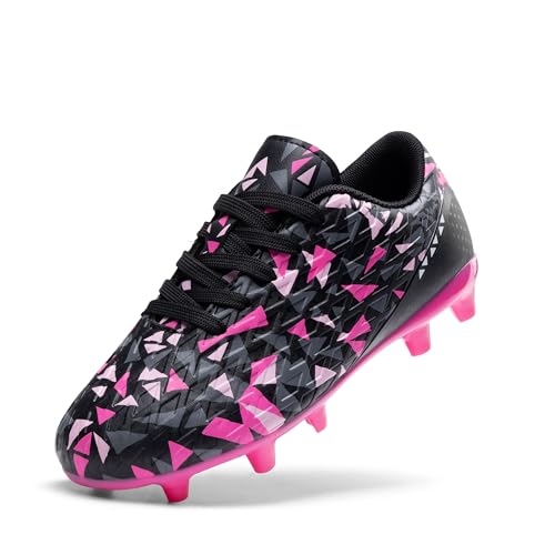 DREAM PAIRS Boys Girls Soccer Cleats Youth Firm Groud Athletic Outdoor Trainning Football Shoes for Little/Big Kid 10 Toddler Black/Hot Pink