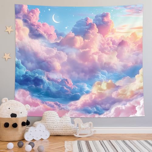 SVBright Sky Cloud Tapestry 59Wx51H Inch Pink Blue Moon and