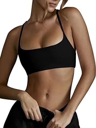 MISSACTIVER Women Workout Strap Criss Cross Back Padded Sports Bra Square Neck Wireless Support Yoga Bralettle Crop Cami Top Black