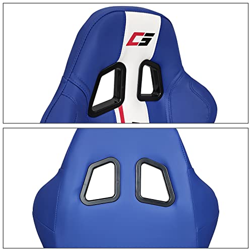 Ikon Motorsports, Universal Racing Seats Pair With Dual Sliders, Blue Pu Leather White Stripe Reclinable Left Driver Side + Right Passenger Side #TOP4