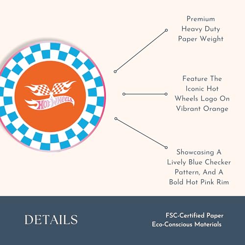 Image of Bonjour Fete Hot Wheels Blue Checker Small Paper Party Plates | Disposable Dessert Size | Premium Party Supplies | Kids' Birthday Celebrations, Car Racing Parties, and Playdates | Pack of 8, 8.25 inch D