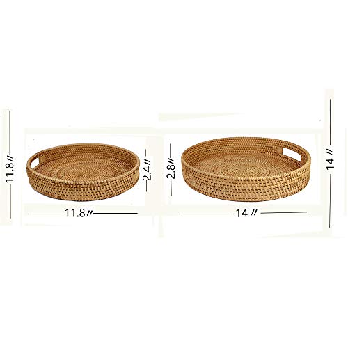 Rattan Basket Round Coffee Table Tray Hand Woven Serving Trays for Ottomans Decorative Trays for Coffee Table Gift Baskets Restaurant Bread Fruit Vegetables Food Serving Display Basket, 13.6" x 2.4" - Image 7
