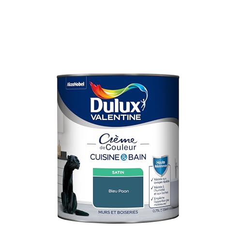 Dulux Valentine Peinture Intérieure Crème de Couleur Cuisine et Salle de Bain - Pièces Humides Murs et Boiseries - Résistant aux taches et à l'humidité - Satin Bleu Paon 0,75 L
