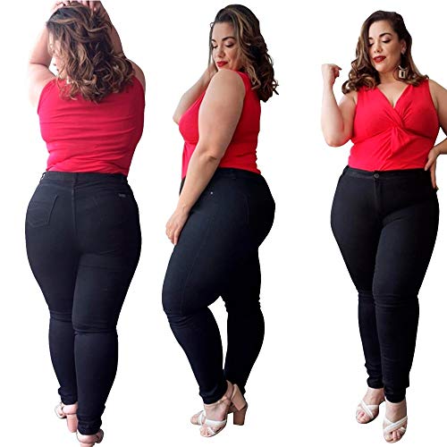 Calça Jeans Feminina Plus Size Cintura Alta (Preta, 46)