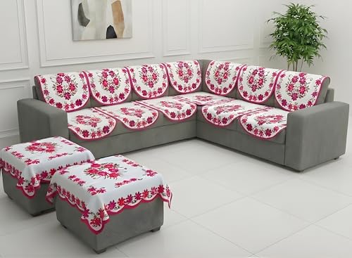Image of Fab Nation Sofa Cover L Shape 6 Seater with Corner L Type Fully Covered Sofa Set for Living Room | Cotton Sofa Slipcovers for 3 + 3 Seaters Cover + 2 Setty Cover Set | Floral Pink