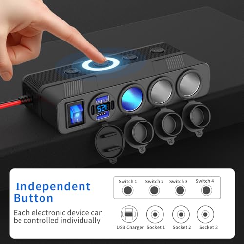 Image of 12V 24V Car Charger Socket Splitter with 10FT /3M Cable, 3 Cigarette Lighter Socket Multi 4 Port Adapter Plug with LED Display Master Switch Independent Switch,12 Volt Power Outlet with Eyelet Terminal
