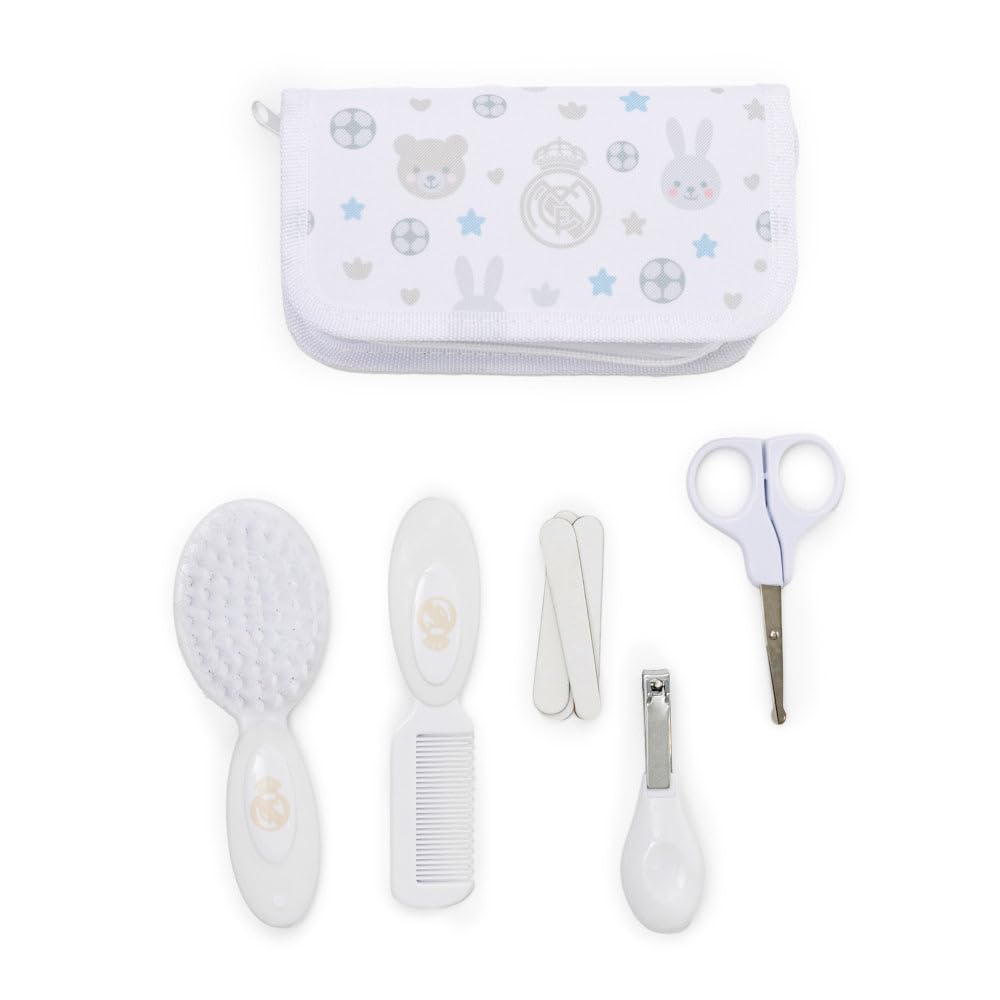 Miniland - Kit de toilette pour bébé du Real Madrid - Trousse avec peigne, brosse douce, ciseaux, coupe-ongles et limes - Design compact et officiel du club - Dès 0 mois