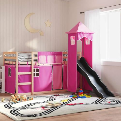 RCODSSK Lit superposé avec toboggan et rideaux, lit mezzanine avec toboggan, lit superposé rose...