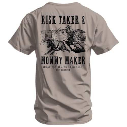Combat Iron Men's Graphic T-Shirt | Risk Taker, Mommy Maker | Athletic Fit, Tagless Comfort | Tan, X-Large