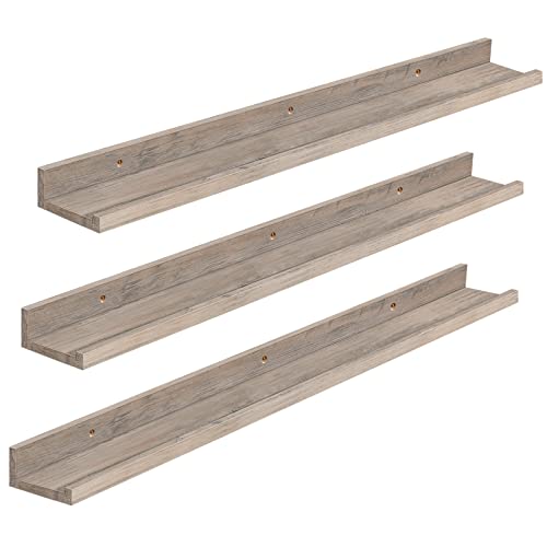 HOOBRO Floating Shelves, Wall Shelf Set of 3, 35.4 Inches Hanging Shelf with Raised Edge and Invisible Brackets, for Bathroom, Bedroom, Kitchen, Office, Living Room Decor, Greige BG90BJ01