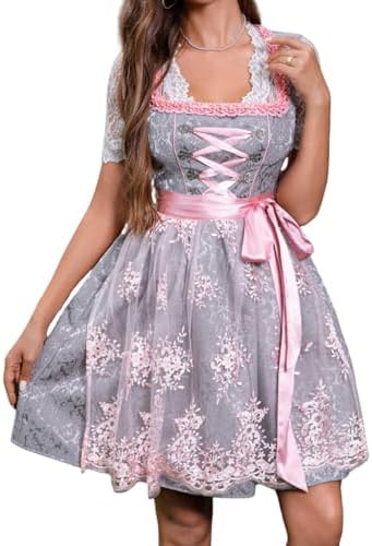 PLWEDDING Dirndl für Damen Damen Midi Trachtenkleid Dirndl Spitzenschürze und Bluse für Oktoberfest Besondere Anlässe