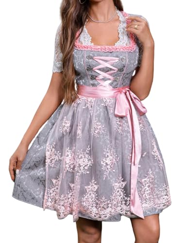 PLWEDDING Dirndl für Damen Silbergraues 3 Teilig Damen Midi Trachtenkleid Silbernes Dirndl Rosa Spitzenschürze und Bluse für Oktoberfest Besondere...