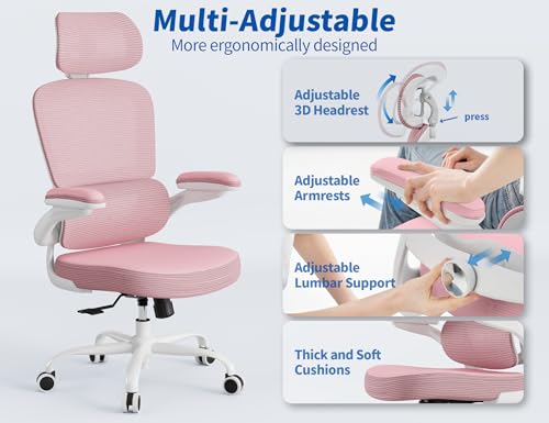 Image of TRALT Ergonomic Office Chair - Desk Chair with Adjustable Headrest Lumbar Support Computer Chair - Mesh Comfy Chair with Flip-up Armrests - Gaming Chairs for Adults Home Office (Leather, Pink)