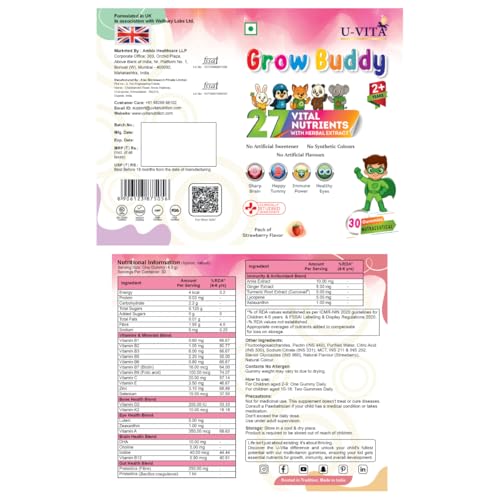 Image of U-VITA Grow Buddy Multivitamin Gummies for Kids (2+ Years) | No Added Sugar | 27 Essential Vitamins, Minerals & Pure herbal extracts | Made in India and Formulated in the UK | 30 Gummies, Strawberry
