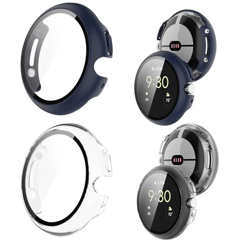 Image of 2Pack Watch Cases Compatible with 41mm Google Pixel Watch 4, Charge with Case On, HD Tempered Glass Screen Protector, Touch-Sensitive, Shockproof, Blue + Clear