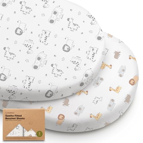 Image of 2-Pack Organic Bassinet Sheets for Girls, Boys - 100% Cotton Bassinet Mattress Sheets Compatible with Halo Bassinest Swivel Sleeper, Graco, Baby Delight, Chicco, Fitted Bassinet Sheets (KeaSafari)