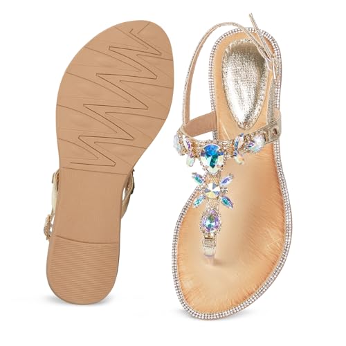 Image of iCKER Women Rhinestone Sandals T-Strap Buckle Bohemian Pearl Crystal Flat Sandals
