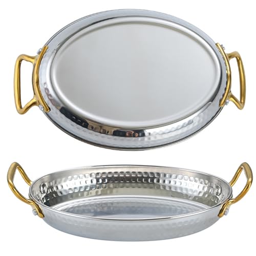 GdniA 6 Tamaños Oval Paellera Española, Acero Inoxidable 304 Antiadherente Marisco Paellera Martillado A Mano Paellera Con Doble Asa Para Hogares O Restaurantes, 24cm, Silver