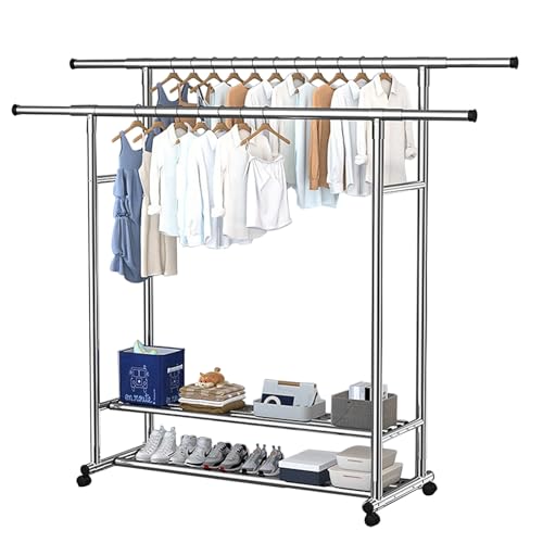 TWSOUL Kleiderständer auf Rollen, Ausziehbare Kleiderstange, Schwerlast-Garderobenständer, Strapazierfähige Doppelschienen, Edelstahl, bis 100kg Belastbarkeit, Silber