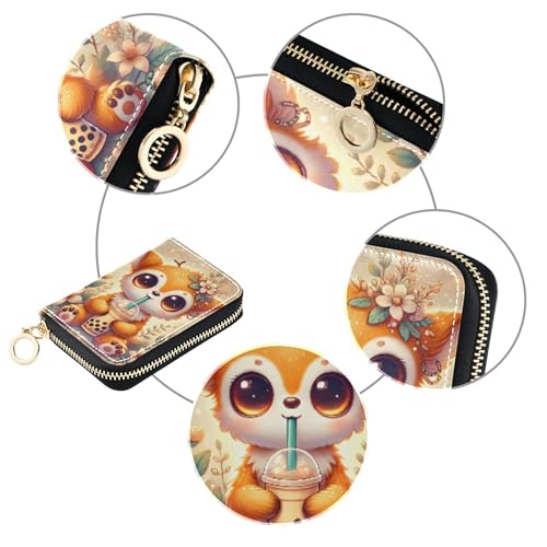 GAIGEO Cute Card Holder Wallets RFID Blocking Wallets for Women Leather Zip Around Zipper Change Purse with Key Ring Cute Fox Yellow Animal4