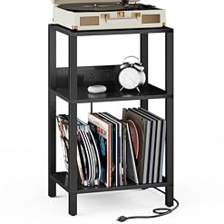 TUTOTAK Record Player Stand with Storage Up to 100 Albums,Record Storage Table,3 Tier End Table with Charging Station,Side Table for Living Room, Bedroom, Black TB01BK076 - Les Beatles, Paul McCartney, John Lennon, RIngo Starr, George Harrison